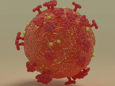 Detailed 3D Rendering of Virus Structure With Red Surface Spike Proteins and Yellow Particles 3d model