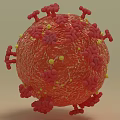 Detailed 3D Rendering of Virus Structure With Red Surface Spike Proteins and Yellow Particles