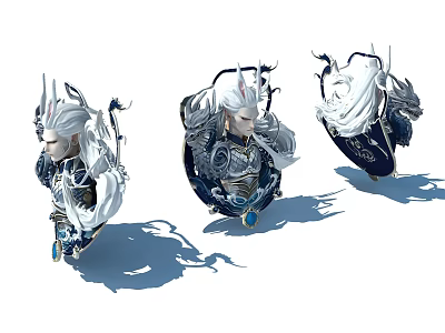 Decorative Figurine Set With White Hair Armor Style And Blue Accents Shadow Effect 3d model