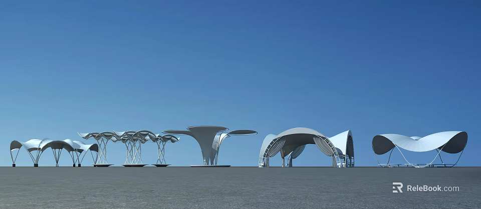 Multiple Modern Tensile Membrane Structures With Unique Designs Against Blue Sky 3d model