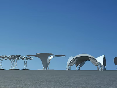 Multiple Modern Tensile Membrane Structures With Unique Designs Against Blue Sky 3d model