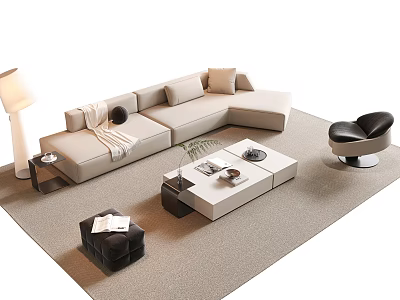 Modern Sofa Coffee Table Set With Floor Lamp Accent Chair Throw Pillow Blanket And Rug 3d model