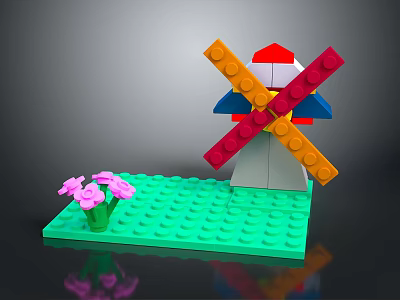 Colorful Building Blocks Windmill With Green Base And Pink Flowers 3d model