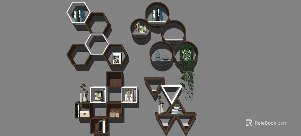 Wooden Wall Cabinets With Hexagonal Circular Triangular Shapes And Decorative Plants 3d model 