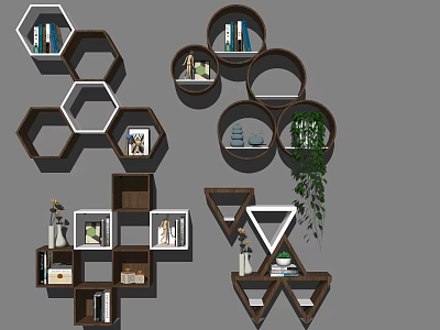 Wooden Wall Cabinets With Hexagonal Circular Triangular Shapes And Decorative Plants 3d model