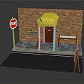 Street Storefront Scene With Brick Wall Yellow Awning Red Door Stop Sign And Table