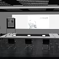 Modern Conference Room Interior Setup with Long Tables Chairs Projection Screen and Display Board
