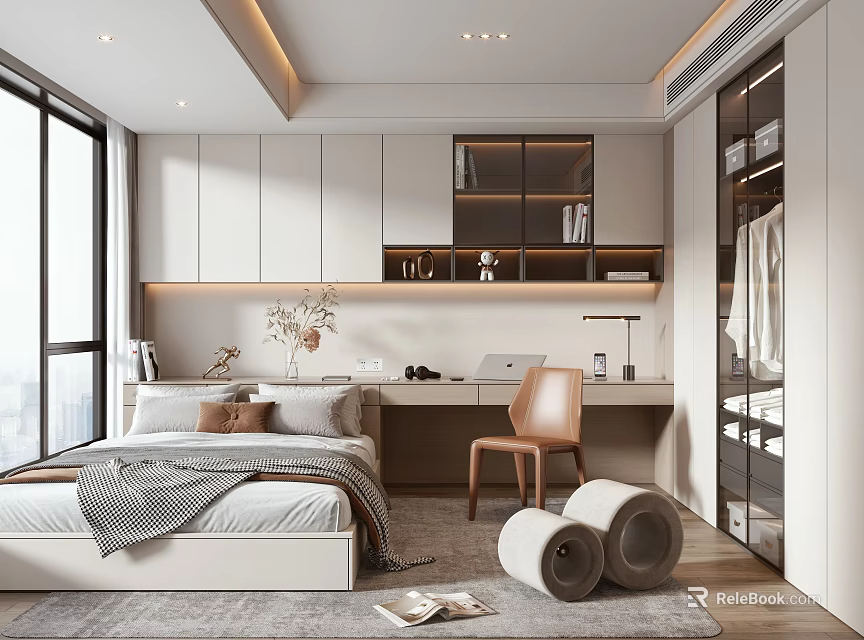 Modern Tatami Bedroom Interior Design With White Cabinets Desk Chair And Window Rug 3d model 