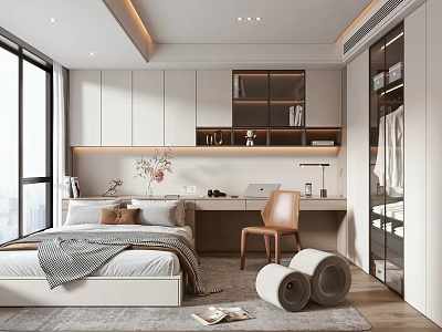 Modern Tatami Bedroom Interior Design With White Cabinets Desk Chair And Window Rug 3d model