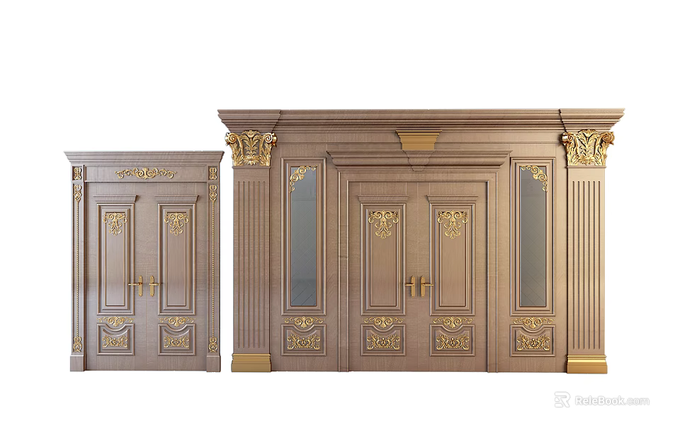 Classic Ornate Double Doors With Gold Accents Carved Patterns And Glass Panels 3d model 