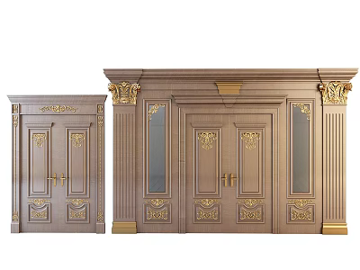 Classic Ornate Double Doors With Gold Accents Carved Patterns And Glass Panels 3d model