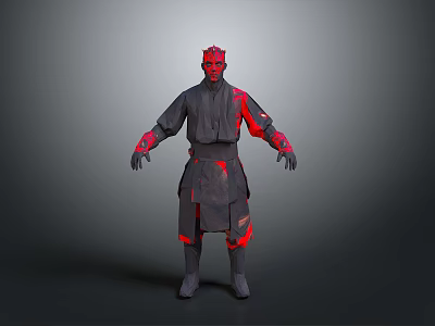 3D Sci Fi Character Model With Red Head Dark Outfit And Red Accents Standing Pose 3d model