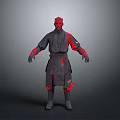 3D Sci Fi Character Model With Red Head Dark Outfit And Red Accents Standing Pose
