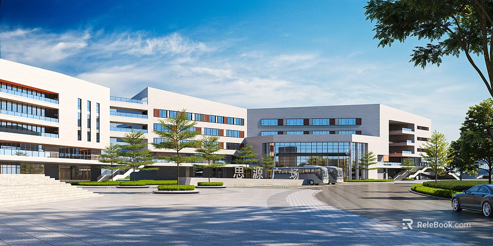 Modern School Building Exterior With Glass Windows Spacious Plaza Green Trees And School Bus 3d model 
