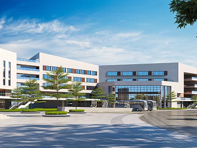 Modern School Building Exterior With Glass Windows Spacious Plaza Green Trees And School Bus 3d model