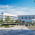 Modern School Building Exterior With Glass Windows Spacious Plaza Green Trees And School Bus