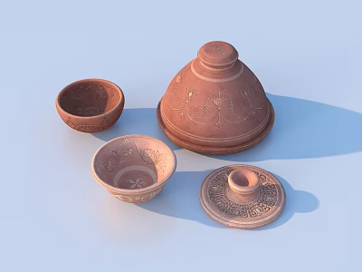 Multiple Ceramic Wares With Decorative Patterns And Lids On Light Background 3d model