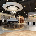 Luxury Piano Store Showroom With Grand Piano Chandelier Decorative Paintings And Wooden Flooring