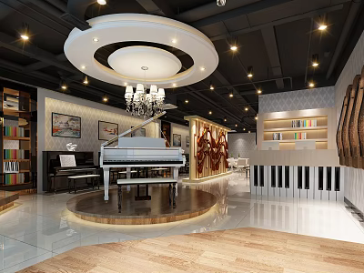 Luxury Piano Store Showroom With Grand Piano Chandelier Decorative Paintings And Wooden Flooring 3d model