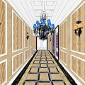 Luxurious Elevator Hallway Design With Chandelier Wall Sconces Square Tiles And Purple Accents