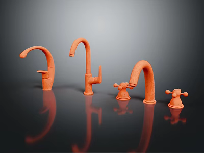 Orange Hardware Tools Faucets and Knobs with Shiny Reflections on Black Surface 3d model