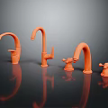 Orange Hardware Tools Faucets and Knobs with Shiny Reflections on Black Surface 3d model