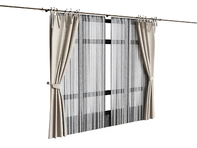 Modern Beige Linen Curtain With White Sheer Layer And Tiebacks On Rod 3d model