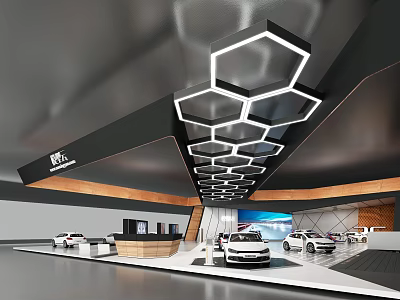 Modern Car Showroom Interior With Hexagonal Ceiling Lights And Displayed Vehicles 3d model