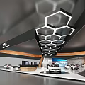 Modern Car Showroom Interior With Hexagonal Ceiling Lights And Displayed Vehicles 3d model