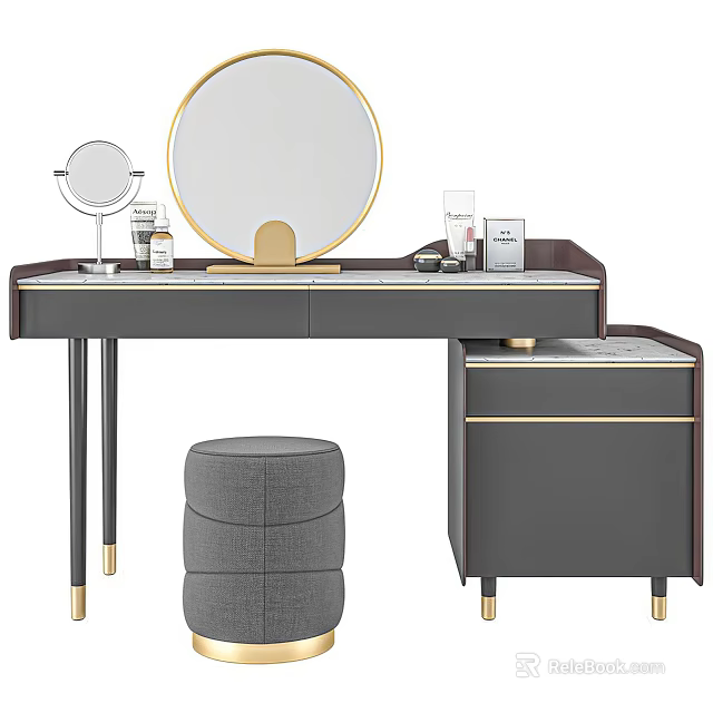 Elegant Modern Dressing Table Design Featuring Round Gold Mirror Upholstered Stool Cosmetics And Gray Cabinet 3d model 