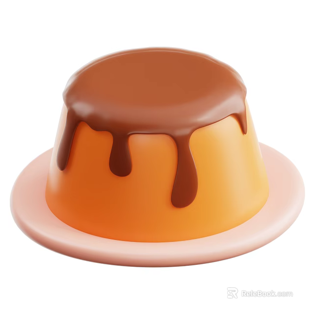 Delicious Orange Pudding with Dripping Chocolate Sauce on Pink Plate 3d model 