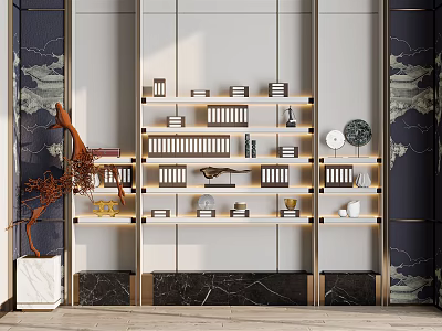 Elegant Modern Bookcase With Open Shelves LED Lighting And Decorative Items In Interior Space 3d model