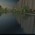 Residential Landscape With High Rise Buildings Waterfront Green Trees And Calm Water Reflections