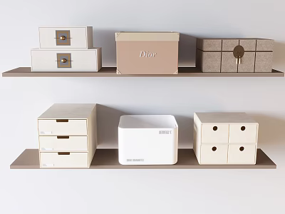 Stylish Storage Baskets in Beige White Gray with Drawers Lids and Labels on Shelves 3d model