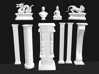 Roman Columns Display With Decorative Sculptures Including Dragon Bust Buddha And Lion 3d model