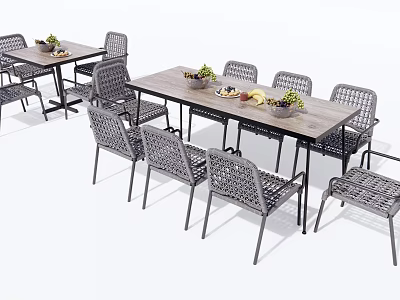 Outdoor Dining Table Set With Wooden Top Woven Chairs And Fruits On Table 3d model