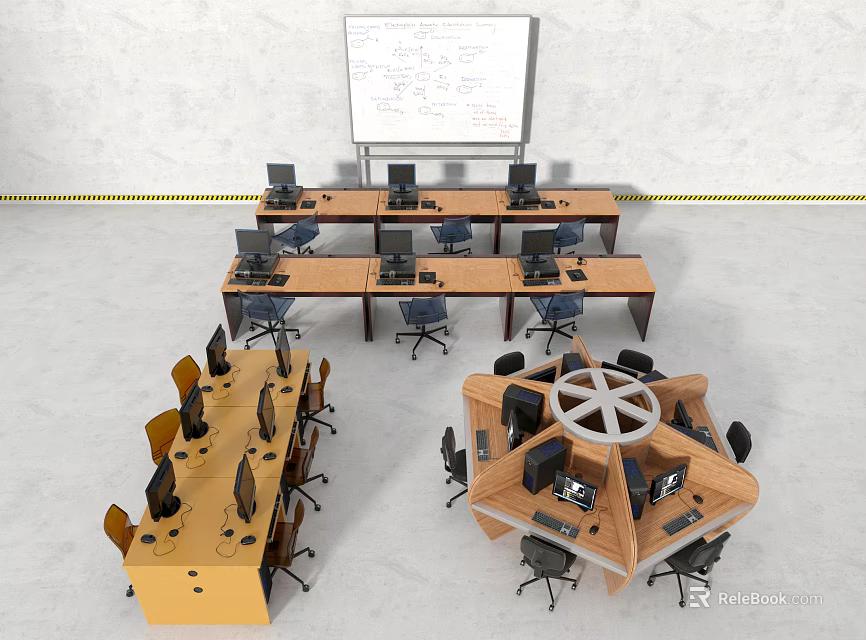 Multiple Office Desks With Computer Monitors Ergonomic Chairs And Workspace Setup 3d model