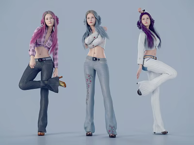 Fashion Models With Pink Blue Purple Hair Wearing Casual Tops And Pants Posing Dynamically 3d model