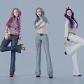 Fashion Models With Pink Blue Purple Hair Wearing Casual Tops And Pants Posing Dynamically