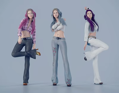 Fashion Models With Pink Blue Purple Hair Wearing Casual Tops And Pants Posing Dynamically 3d model