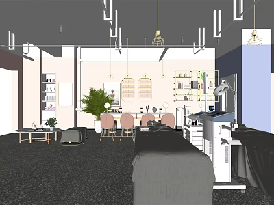 Bright Modern Beauty Salon Interior With Styling Chairs Plants Shelves And Tools 3d model