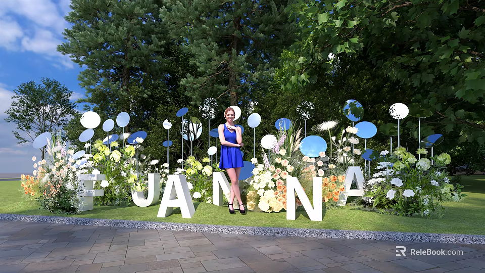 JANNA Photo Spot With White Blue Circular Decorations Green Plants And Flowers On Lawn Paved Ground 3d model 