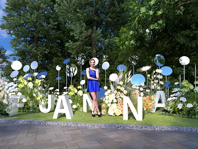 JANNA Photo Spot With White Blue Circular Decorations Green Plants And Flowers On Lawn Paved Ground 3d model