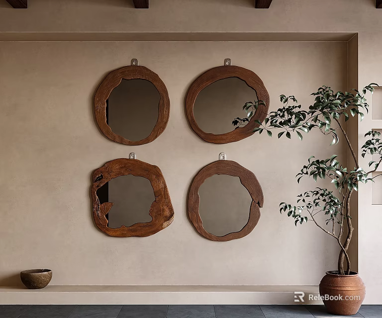 Four Round Mirrors With Wooden Frames Hanging On Beige Wall Beside Green Plant And Bowl 3d model 