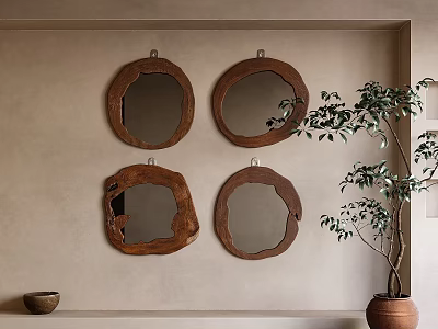 Four Round Mirrors With Wooden Frames Hanging On Beige Wall Beside Green Plant And Bowl 3d model