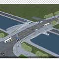 Scenic Urban River Area Featuring Bridge Vehicles Pedestrians And Trees