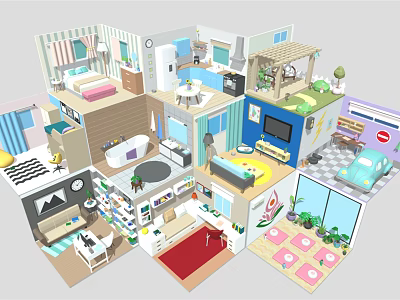 Cartoon Style 3D Room Scene With Multiple Rooms Furniture And Colorful Decorations 3d model