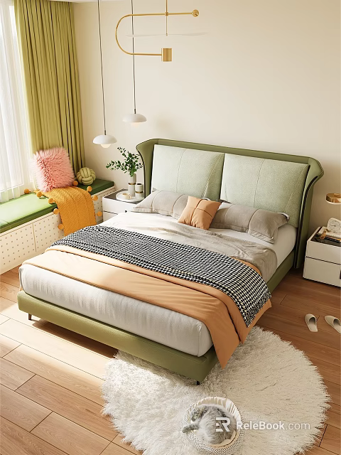 Cozy Modern Double Bed With Green Upholstered Headboard Pillows Checkered Blanket Nightstand And Green Plants 3d model 
