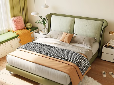 Cozy Modern Double Bed With Green Upholstered Headboard Pillows Checkered Blanket Nightstand And Green Plants 3d model
