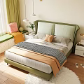 Cozy Modern Double Bed With Green Upholstered Headboard Pillows Checkered Blanket Nightstand And Green Plants